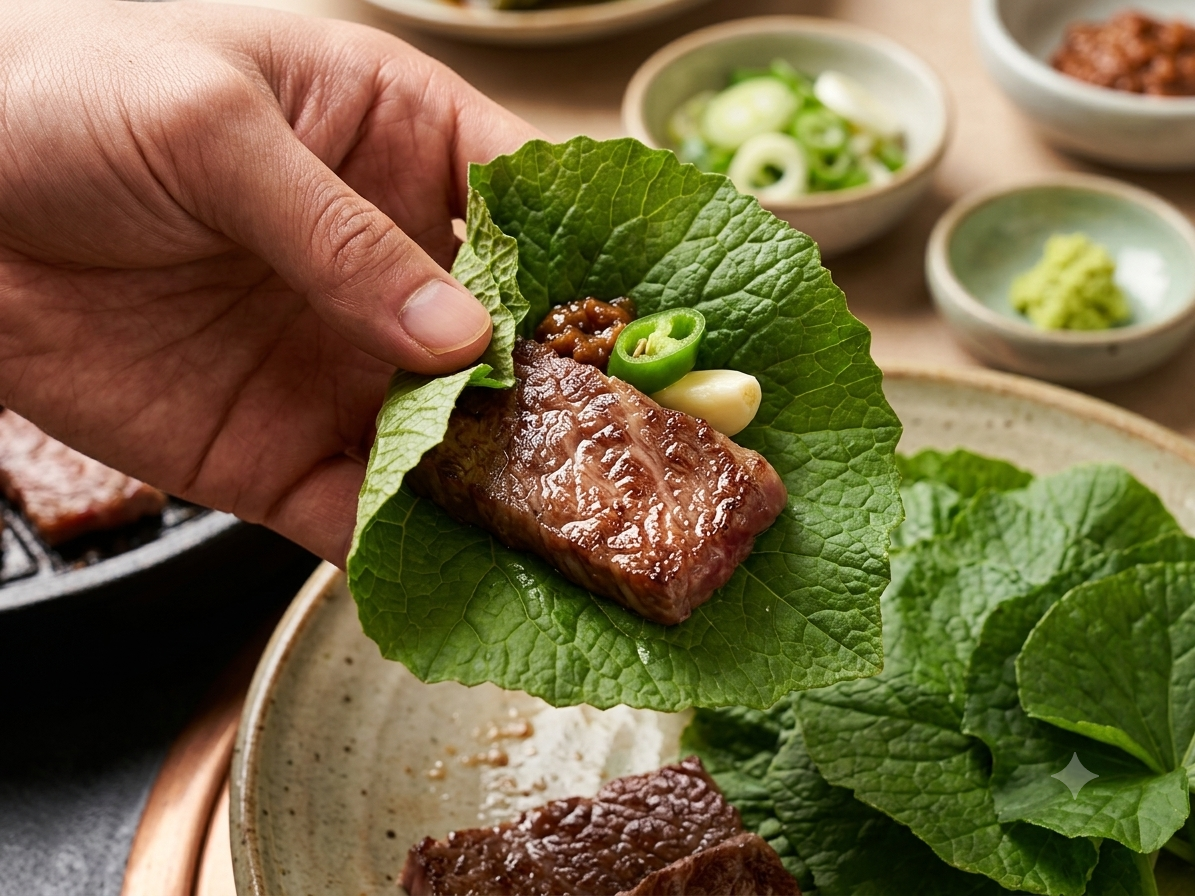와사비 생잎에 한우를 올린 쌈