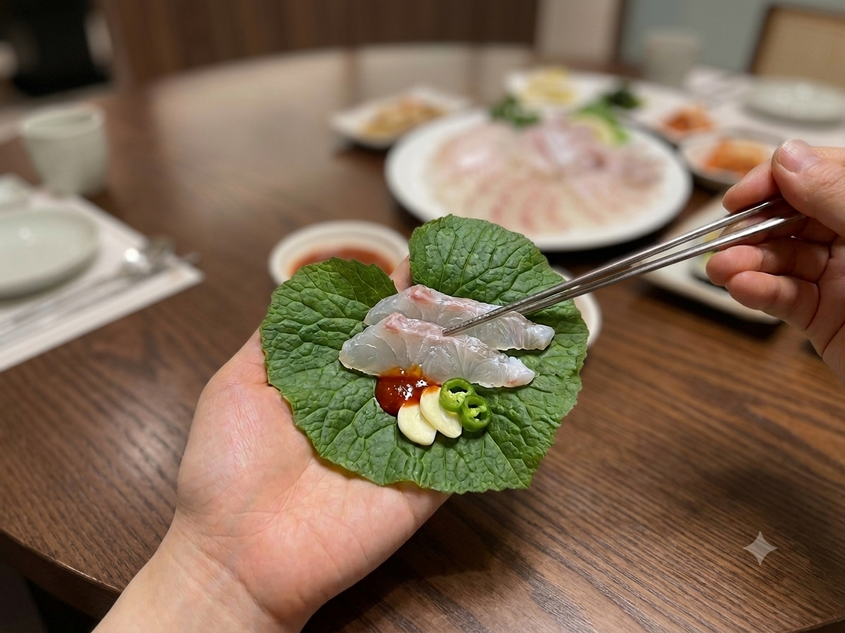 와사비 생잎에 회를 올린 쌈
